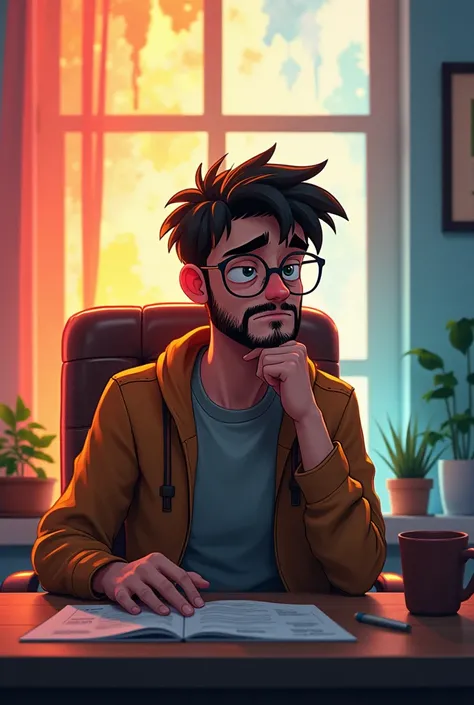 A 25 years old sad animated boy with light beard wearing glass sitting in a chair and background is multicolor painted  and a desktop is infront of him.