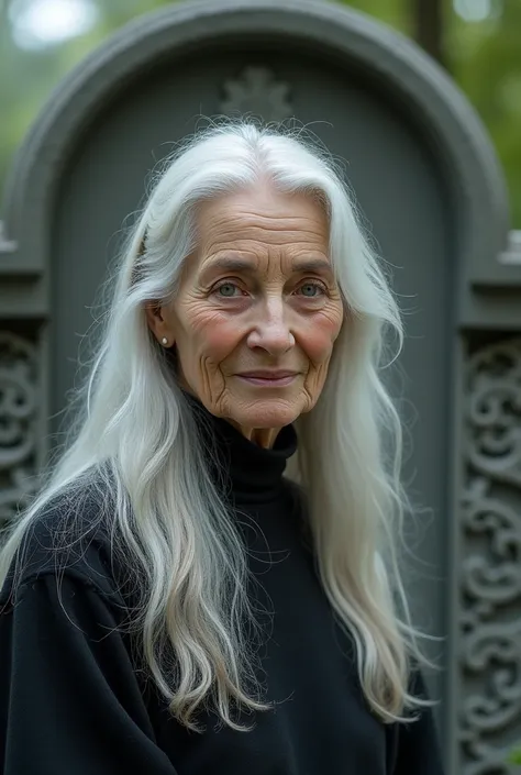 The photo of an elderly white-haired lady on a headstone 