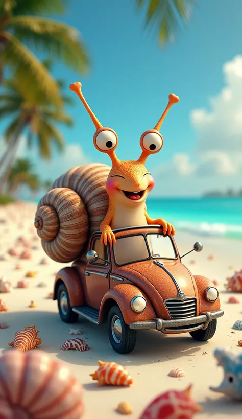 a snail driving along miami beach surrounded by shells.Masterpiece, Best Quality, Detail, High Details, Smile, 