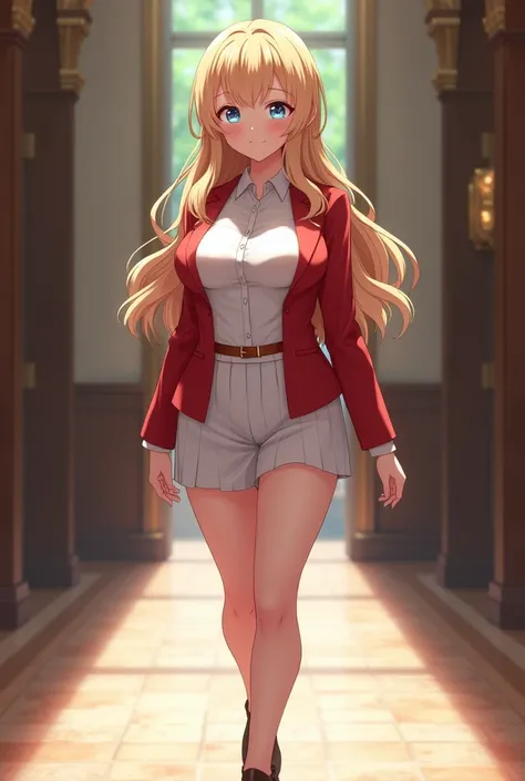 School girl. Curvy physique, big breasts, large chest (E40 cup bra, muy buenos senos). Small waist. Sweet smile. Blue eyes; Blonde hair, long, wavy, with a gradient fringe. Walks through the halls of an elite academy, she wears a formal red uniform with a ...