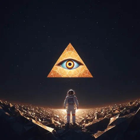 huge (eye of providence:1.4) in the sky,1boy\(astronaut, spacesuit, (from back:1.6), standing on asteroid, (astronaut looks so s...