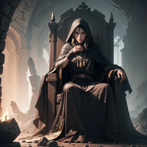 A dark, demon cult leader , resting drinking wine from bottle,  bright  cloaked figure sits on a rough, mountainous throne in a dimly lit chamber.  The figure is entirely shrouded in black fabric, the face and body completely obscured. The cloak drapes hea...