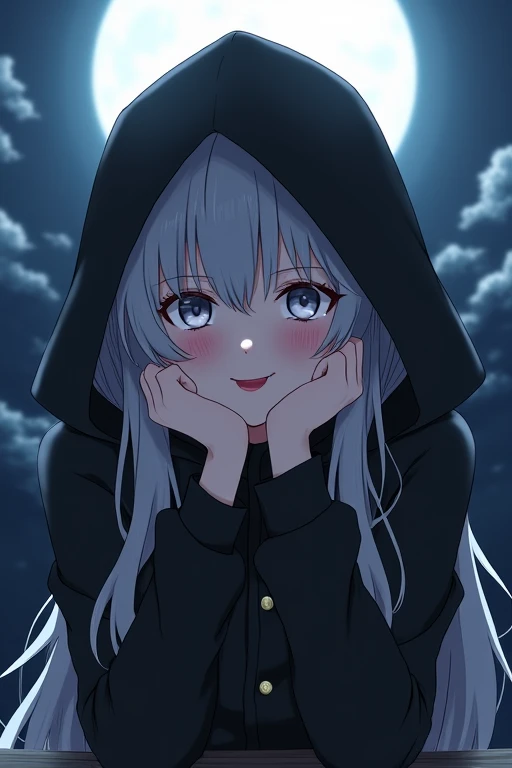  1 girl 、Long gray hair 、adult、 knight、moon、 please wear a black hoodie and a hood、Laugh a little、 sexy、For a bit of exposure 、Droopy eyes、Dark red lips、 put your chin on your hands 、The eyes are gray、Anime Style，