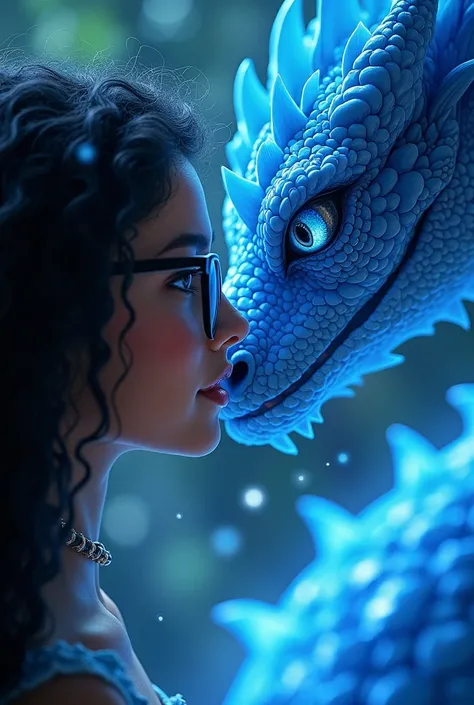 Fantasy art style of a close-up, intimate moment between a light brown brazilian younguest woman with glasses anda with long black curly hair. a realistic blue dragon. Their faces are inches apart, with the dragons scales shimmering in icy blue tones and t...