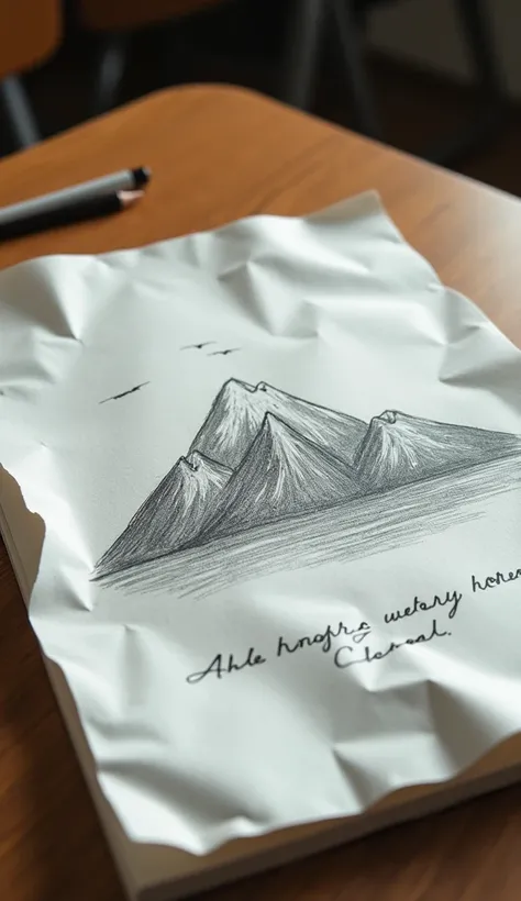 On a school desk was a wrinkled sheet with a drawing of a mountain with a small message on the bottom.. 