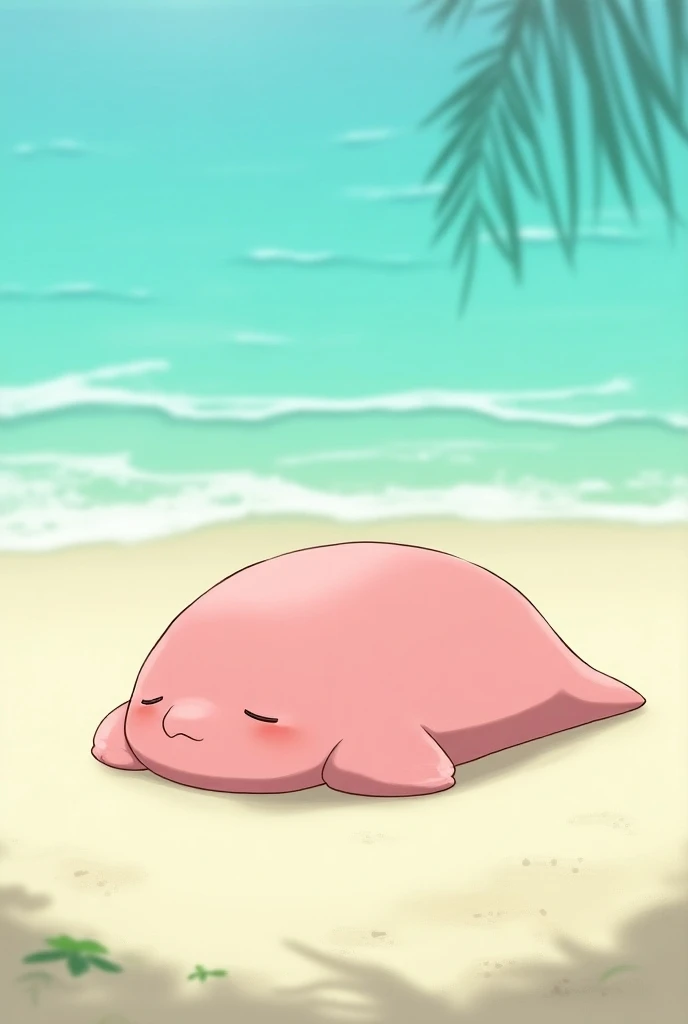 Un slowpoke en train de dormir paisiblement sur une plage de sable blanc