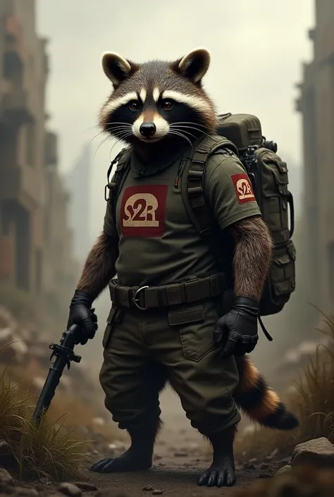  I want a medical raccoon in a post-apocalyptic world,  a survivalist outfit ,  with a prominent S2R logo on it .  I want him to also be armed  , seems badass 