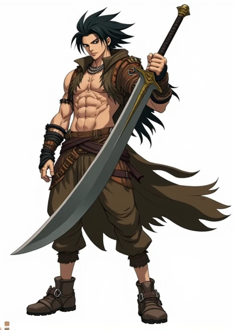  tall anime character , strong,  black hair ,  Black Eyes, primitive leather clothing ,  carrying a giant sword