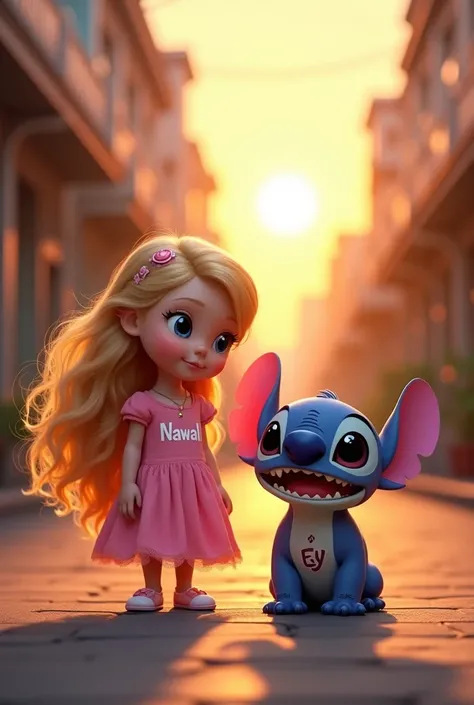 A girl with long blonde hair and a long pink dress that says Nawal on her chest next to a stitch wearing a t-shirt that says EDY in the street with the sunset in the background