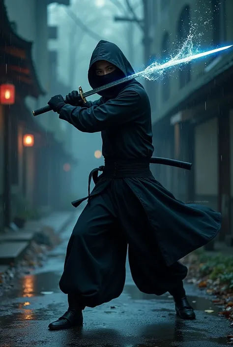 Japanese ninja with a water katana,Dark theme 