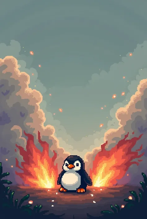 Pinguin with Burning Fire in the Clouds pixel mode
