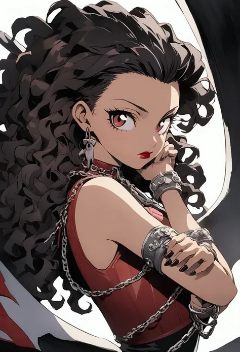 ((Artwork)), (8K), (Anime art style), (Soul Eater style), 1 black woman, 19 years old. long red curly hair [with black highlights], using black eyeliner, using strong red lipstick on lip, purple iris color, wearing a cropped red leather top with chain deta...