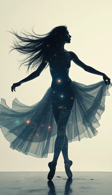 The image features a stunning double exposure effect that combines the silhouette of a beautiful woman with long black hair with a scene of a universe full of stars and planets. She is dancing ballet conceptually, long shot. The mystical universe enhancing...