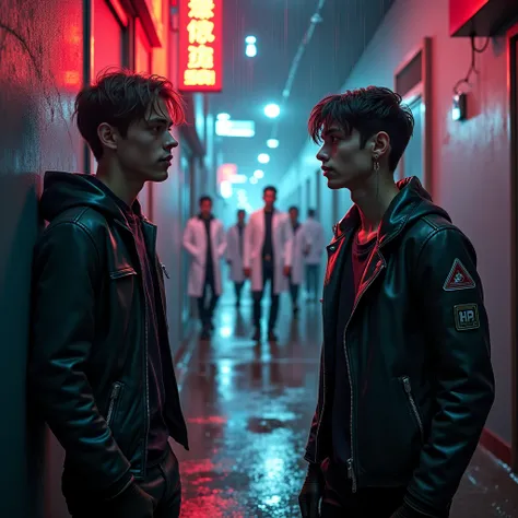 In a dark and atmospheric alley, two boys with cybernetic implants and tight leather clothes talk under the vibrant light of a neon sign. In the background, a group of medical students, still in their white lab coats, leave the hospital after a long shift,...