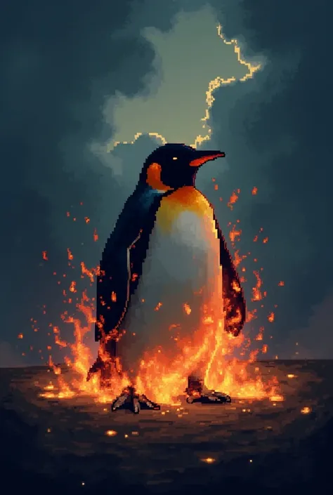 Penguin with Burning Fire in the Clouds pixel mode dark fantasy pixel
