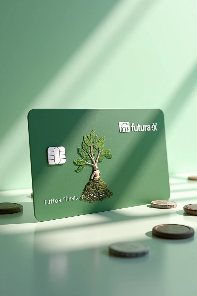 Create a credit card that has the name of the bank Futura Finanzas with a small logo of a tree with money on the leaves and a person sitting on top of the tree 