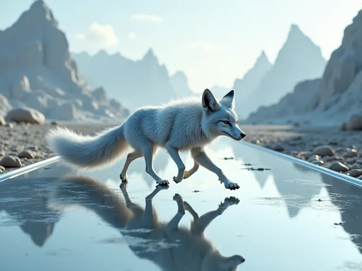 A silver fox running on a road made of mirrors ,  with a landscape on the horizon of surreal mountains that look like glass sculptures" .