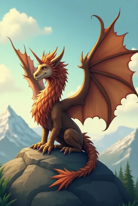 a dragon with the head of a lion , snake tail that its wings are made of a large eagle full of feathers and that on its head it has a unicorn horn that is sitting on a mountain and that is mythological and that is like a cartoon