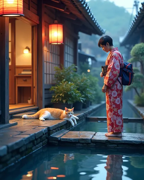  A serene Ikaho Onsen scene ,  A laid-back cat is lying on a stone step ,  Next to it is a storm soldier in a traditional yukata .  This scene should capture the essence of Japanese culture,Bright colors, Warm Lights, and a serene atmosphere ,  shows the b...