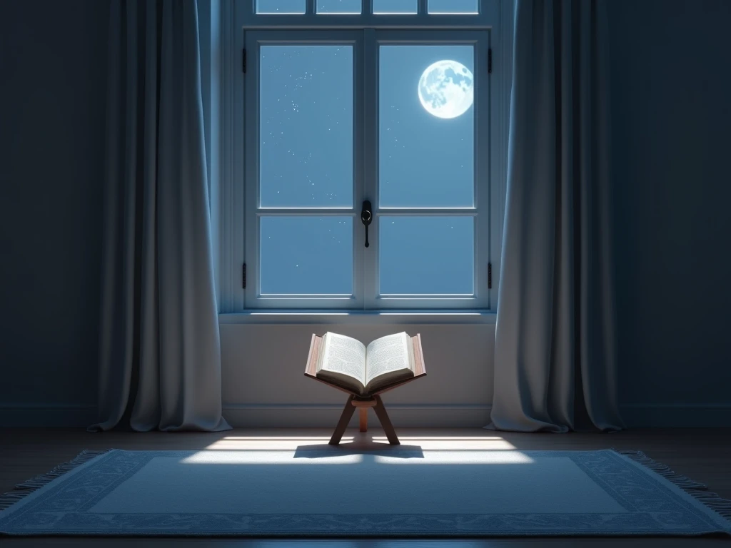 A peaceful room with a prayer mat facing an open window showing a clear starry sky. A faint glow of moonlight streaming in, and an open Quran on a small stand beside the mat.