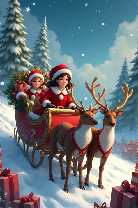 A brunette girl comes visit her elf friends and she is riding with Santa on Christmas reindeers and day full of presents 