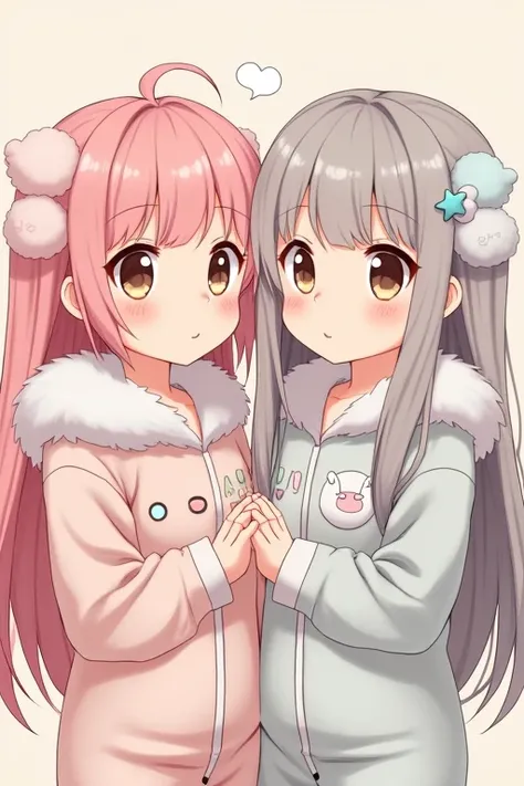  girl with long pink hair and girl with long gray hair、 anime style、Droopy eyes、 light-brown eyes 、 fluffy bear and rabbit pajamas 、Shoulder-shouldered 、