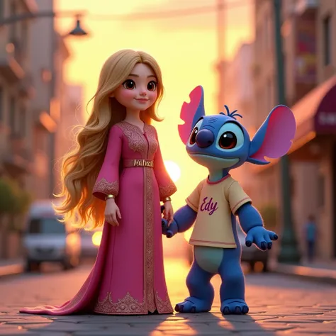 A girl with long blonde hair and a long pink Arab dress that says Nawal on her chest next to a stitch wearing a t-shirt that says EDY in the street with the sunset in the background