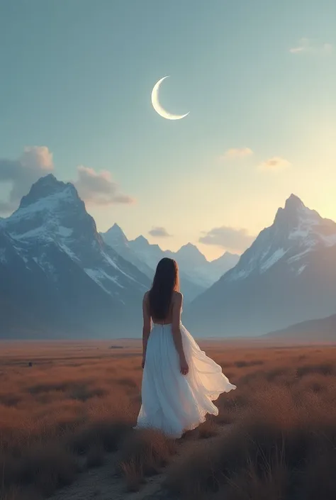  Young woman dressed in white walking backwards between plains and mountains , And the moon in front  ,  between sunset and dusk  


