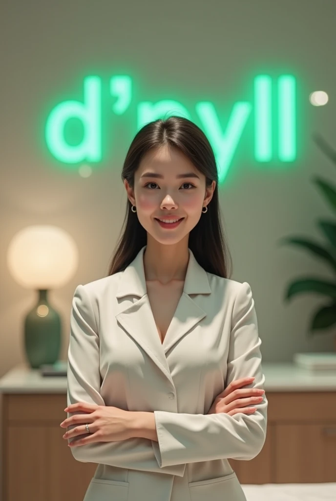  Woman in an aesthetic clinic, in elegant uniform , smiling, Written on the wall "Dpyll " in the green color.