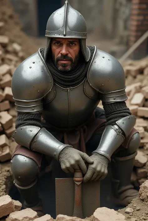  “A medieval knight in full armor ,  with a helmet and intricate details on the chest , shoulders and grips ,  digging a concrete well .  He holds an iron shovel with one hand while with the other stabilizes the surrounding land .  The environment is of a ...