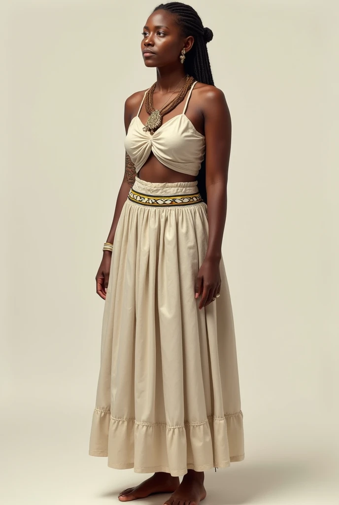 a Taina , from the front full body dressed in a nagua and a simple top both in cream color.
