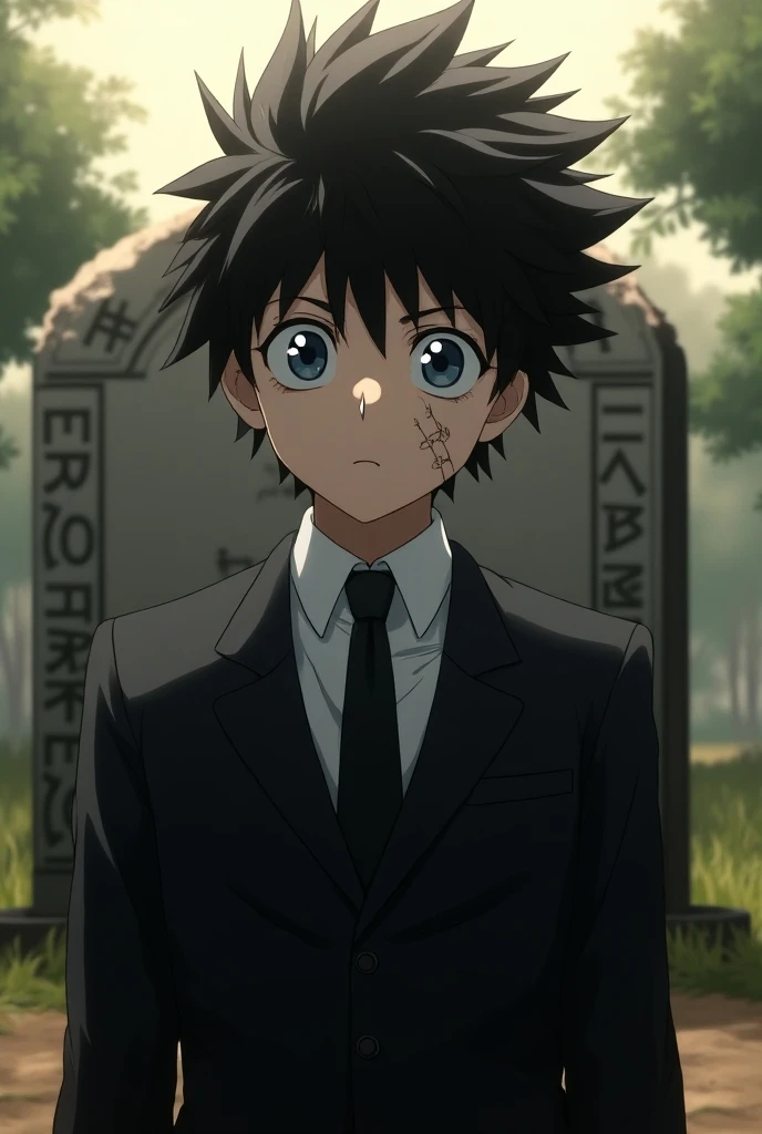 Screenshot of Boku no hero Academia black-and-white haired boy with blue eyes and a scar on his face dressed in a suit inviting a grave on a warm afternoon