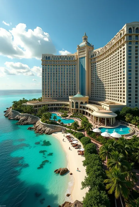 CREATE A RESORT HOTEL LOCATED IN CANCUN THAT LOOKS LIKE THE NAME “PARADISE RESORT” THAT IS VERY LARGE