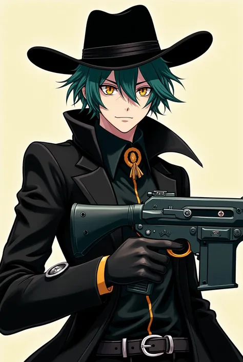 a  sheriff with dark teal short hair with pale and ahoge complexion, his eyes are a dark Yellow with black pupil, with thick eyelashes, he has a slim physique he wear a black cowboy hat,  and western black jacket, he hands a retro futuristic rifle made him...