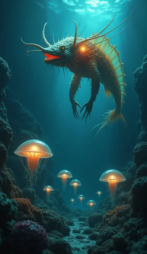 A collection of bizarre and alien-like deep-sea creatures, floating eerily in the darkness. Each creature has evolved with unique adaptations: glowing appendages, translucent bodies, and jagged teeth. A giant anglerfish with a glowing lure hovers near a cl...