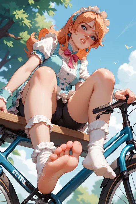 1 girl, created, sitting,  ruffle socks,  From below, soles,  embarrassed,  bicycle shorts ,  pursed lips,  finger-less underwear,  cross underwear ,  masterpiece,  style better quality, sin censura