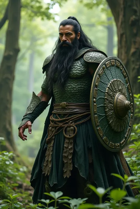 Human 40 years old Druid,  long black hair tied, wearing mesh of scales ,  shield and catchphrase as a weapon.