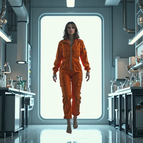  woman with light brown shoulder-length straight hair , Size: 165cm, Weight: 58kg,  her face is a bit plump, she doesn&#39;t smile, She floats weightlessly in a large laboratory on the ISS space station and wears an orange one-piece work suit with zipper, 