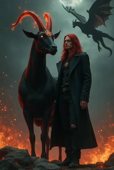 Black goat red eyes pentagram of fire on the forehead and a man green eyes long red hair overcoat open black pants black jeans and a Dragon at night falling fire from the sky 