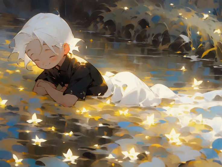 A young boy laying on grass at bridge side sunshine on him simple black shirt white hairs fair skin his head is on his hands smiling face and dreaming 