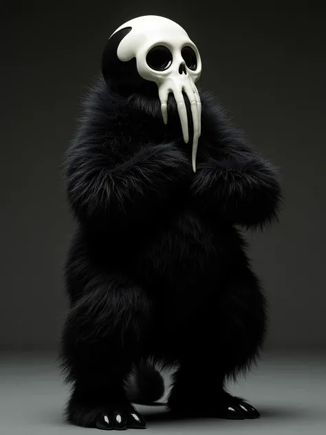 A dark, mystical figure resembling Puro from Changed, a black-furred creature with a distinctive, eerie white skull marking covering its face. The fur appears both furry and slightly gooey, almost as if it’s alive, with a shiny, liquid-like texture that gl...