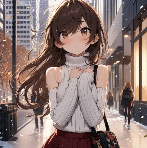  (best quality,masterpiece), hugging self, swept bangs, long sidelocks, brown hair, very long hair, brown eyes, toned arms, small breasts, ribbed white sweater, dark red skirt, black socks, sneakers, floral print black satchel, city buildings, falling leav...