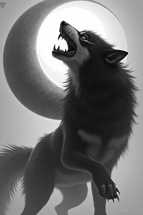 Half black and white wolf with a scar on his left eye angry biting the sun and the moon 