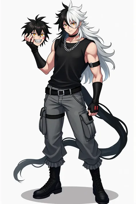 Create a male character with long and wavy hair with the color black and white like that of Todoroki, half-straw skin ,  the clothing is a black sleeveless t-shirt with a silver chain ,  gray cargo pants ,  a black belt with buckle ,  black fingerless glov...