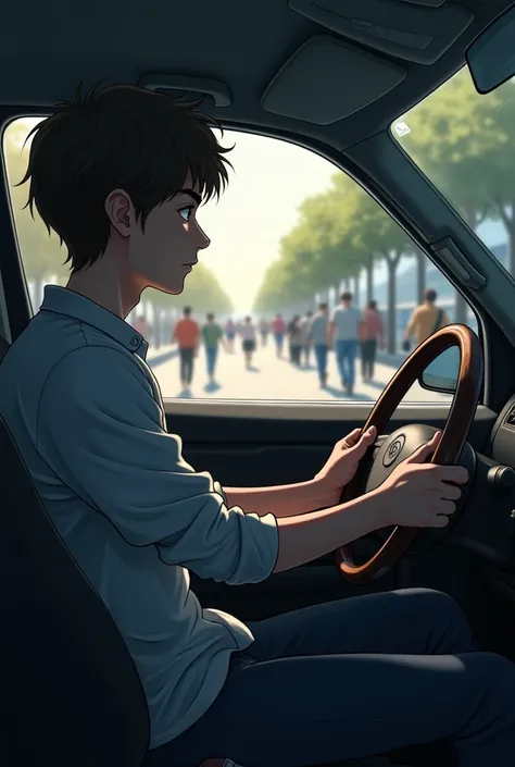  A 23-year-old boy who is driving with his hands on the wheel , The perspective is from the back seat . The face is turned to the left ,  you can see the drivers head turned to the left  , He is distracted watching s who are on the sidewalk and he is about...