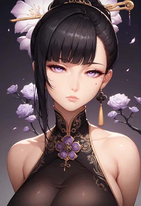 mixed_artwork style, (detailed eyes), (Mature woman), beautiful woman, huge breasts, black hair, bangs on eye, Side bangs, ponytail, (black oriental dress), Lavender eyes, mole under eye, huge body, (expressionless gaze)