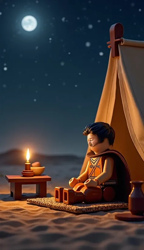 Superman e Batman**Detailed description of the image for AI creation:**  

The scene is set at night inside a modest tent, softly illuminated by the warm glow of a single oil lamp. Abram sits on a simple woven mat, his posture thoughtful and reflective. Hi...