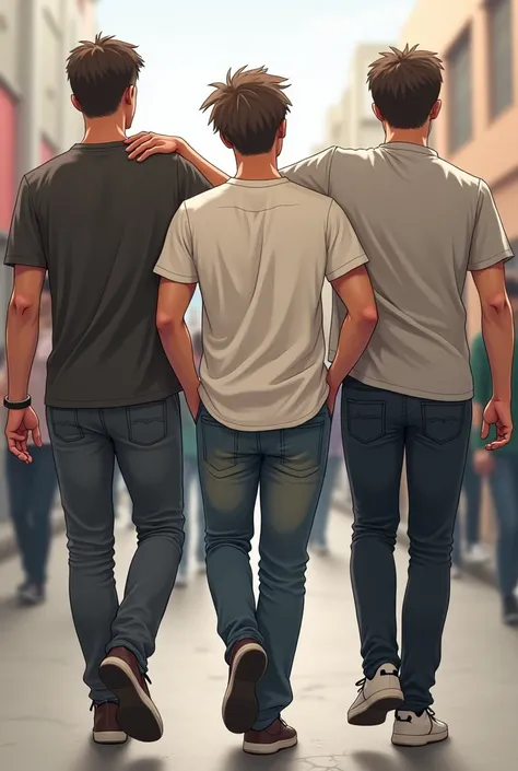 A man walking between 2 other men ,  the man in the middle has his hands on the shoulders of both men and looking to the left, casual clothes, The man in the center has his hands in his pockets