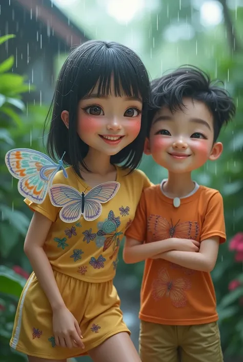 photo of a woman with a diamond face,  thin lips, butterfly nurse wearing sports wear with her big brother in rainy season with joy