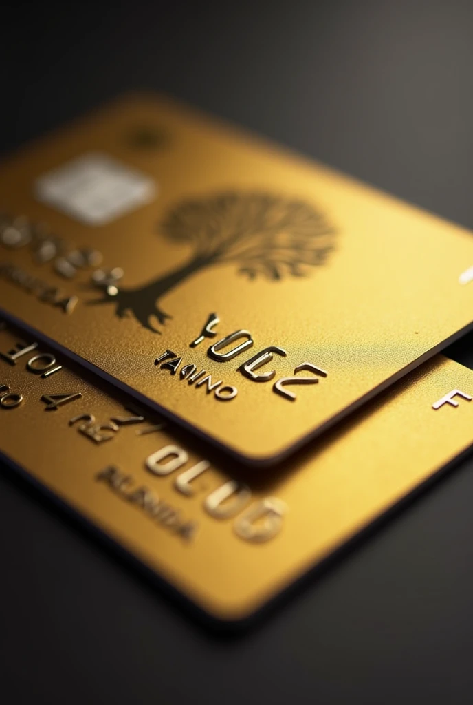  Create a credit card with the name of the bank F F and a small logo of a tree with money that remains inside the card,  The gold-colored card that is all in Spanish and the letter is perfectly understood  